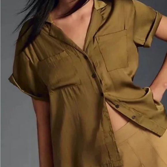 Anthropologie Olive Green Blouse Button-Down Shirt Size Small - Picture 3 of 10
